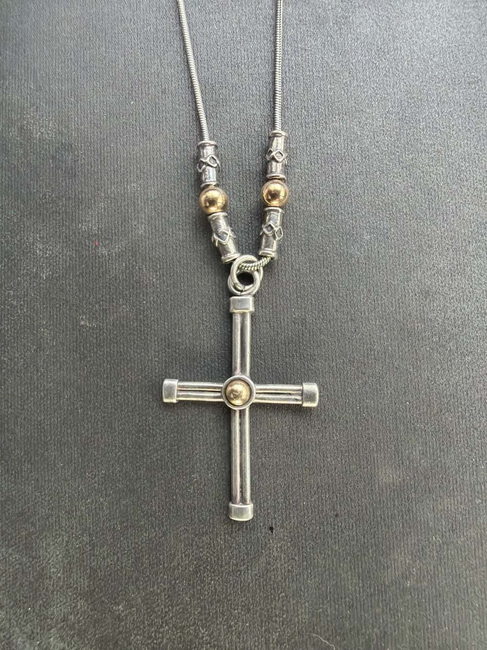 Sterling Silver 925 Cross Pendant Necklace with Brass Accents